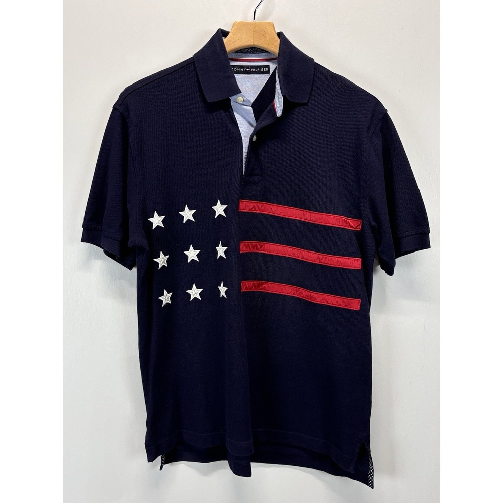 Vintage Tommy Hilfiger Polo Big USA Flag Embroidery Navy Blue Size Small Men's